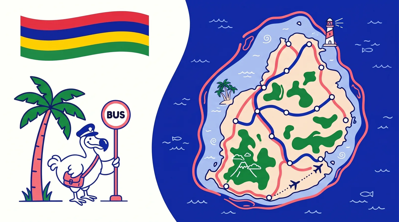 Illustrated map of Mauritius with bus routes and the Bus Mauritius dodo at a bus stop